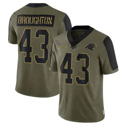 Men's JaTravis Broughton Carolina Panthers No.43 Limited 2021 Salute To Service Jersey - Olive
