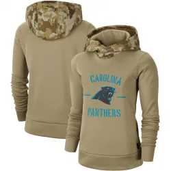 Women's Carolina Panthers No. Khaki 2019 Salute to Service Therma Pullover Hoodie